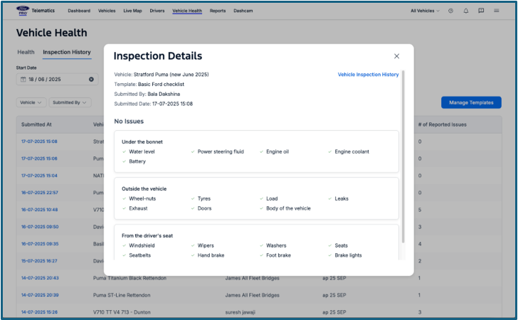 A web page showing detailed inspection results for a vehicle, with a checklist confirming no issues under several categories such as under the bonnet, outside the vehicle, and from the driver’s seat.